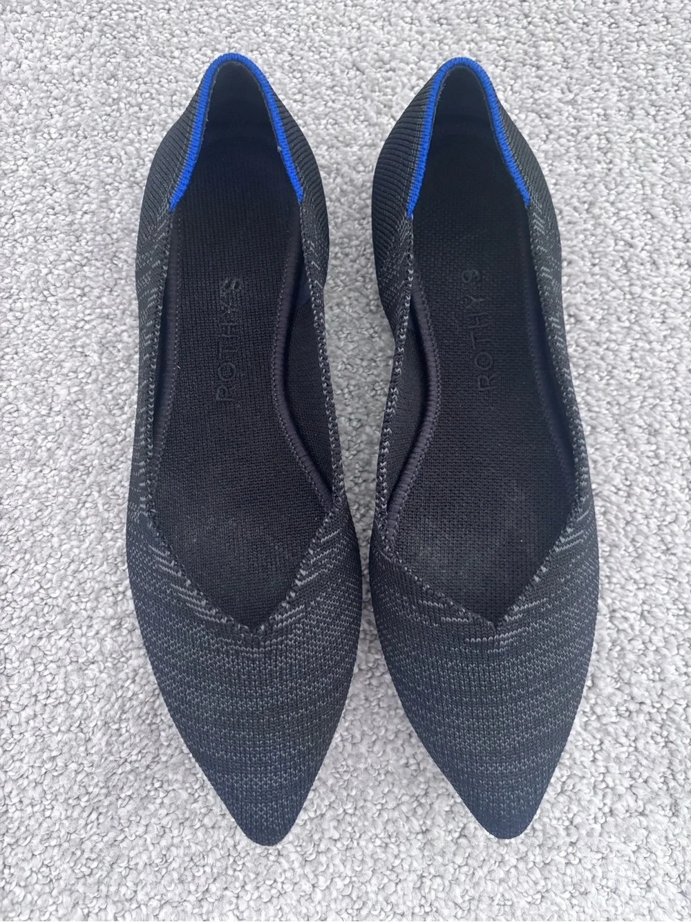 Rothy's Black Pointed Knit Ballet Flats with Blue Trim